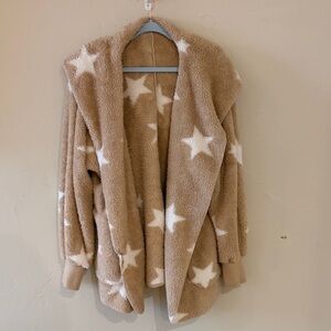 Cozy Star Pattern Sherpa Open Cardigan - Beige & White